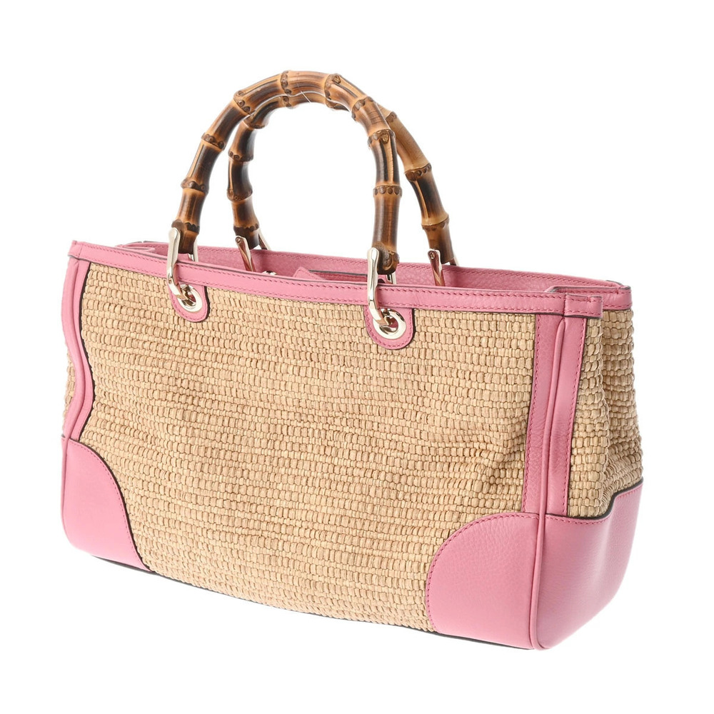 Gucci Pink Handbag Beige Shopper 2way Straw Tan Bamboo Leather